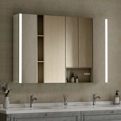 48" W x 32" H Manvitha Rectangular Silver Aluminum Frame Recessed/Surface Mount Medicine Cabinet with Anti-Fog Mirrors, 3 Color Temperatures Dimmable Lights and Adjustable Glass Shelves for Makeup, Shaving or Bathroom Vanity Storage