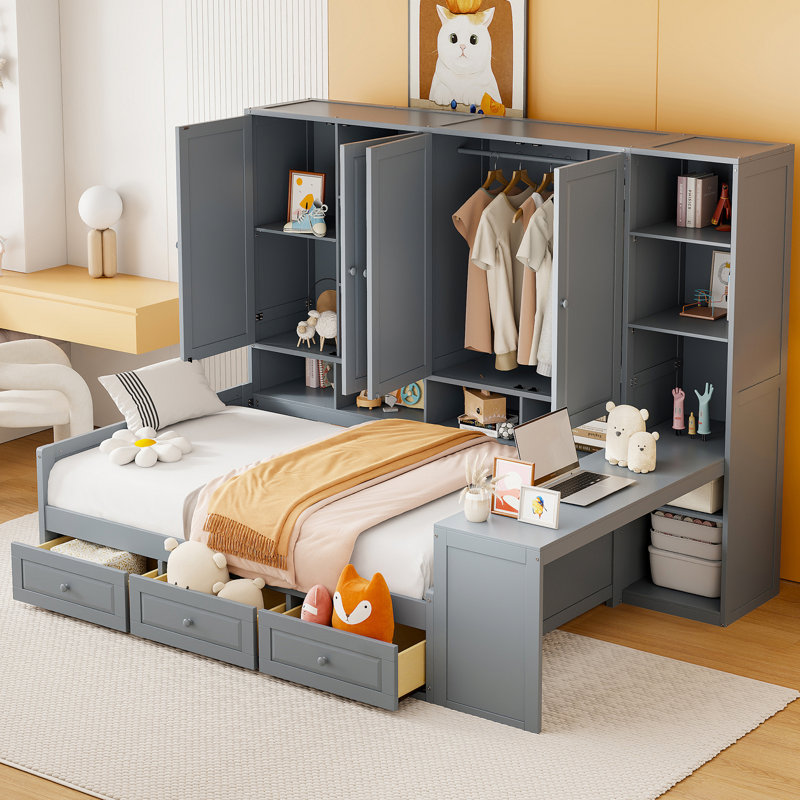 Wooden Daybed With Three Drawers, And All-In-One Cabinet, Desk And Shelves, Gray, Full