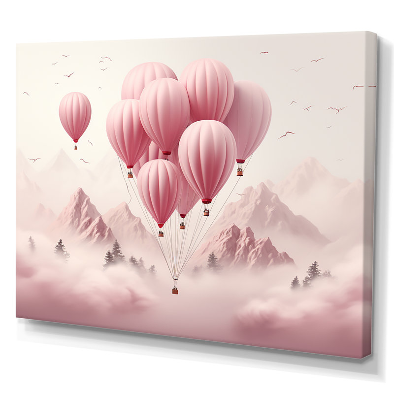 «Pink Air Balloon Adventure On Peak» - Art mural en montgolfière, Toile tendue, H 12 po x l 20 po x P 1 po