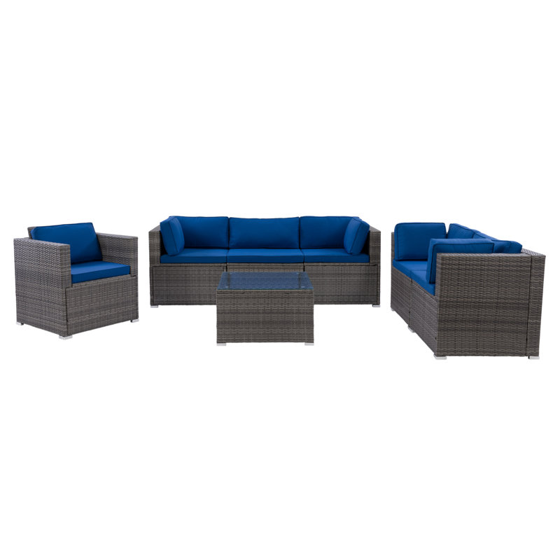Ensemble de conversation modulaire en rotin 7 pièces avec coussins Newburyport, Bleu, Gris