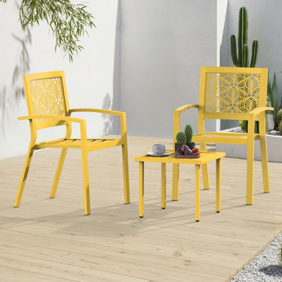 3 Piece Patio Bistro Set, Outdoor Steel Furniture Set, Stackable Modern Conversation Sets For Balcony Garden Deck Patio W/2 Chairs 1 Table, Yellow