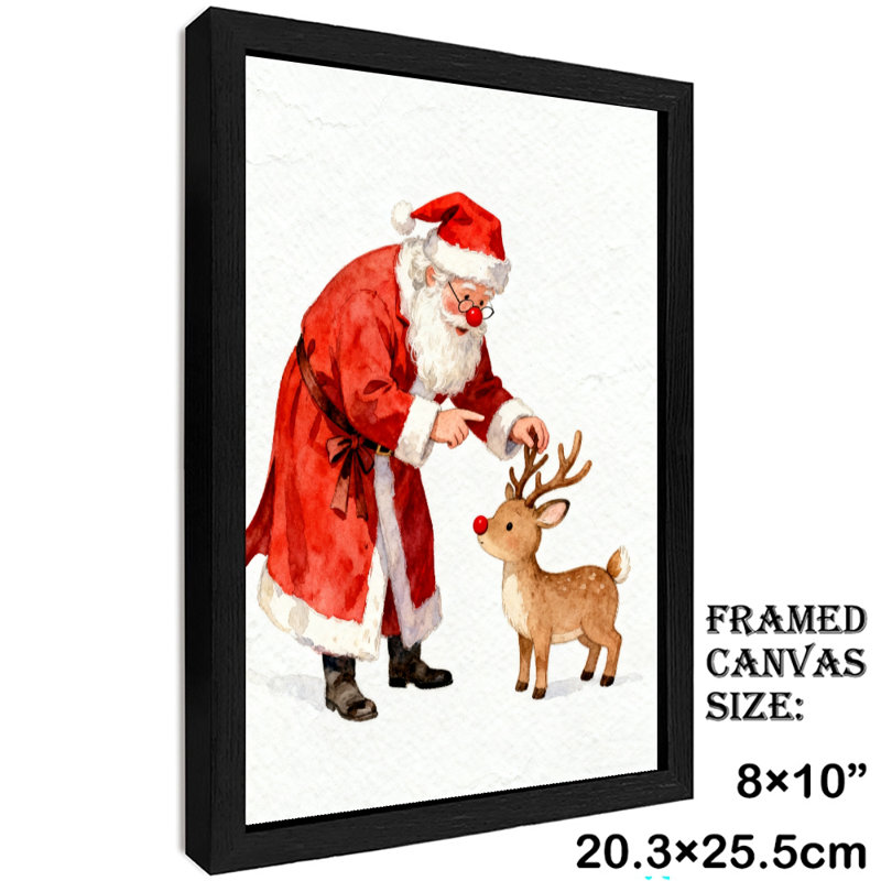 Père Noël noir encadré noir avec renne, impressions sur toile de style rétro, H 11 po x l 9 po