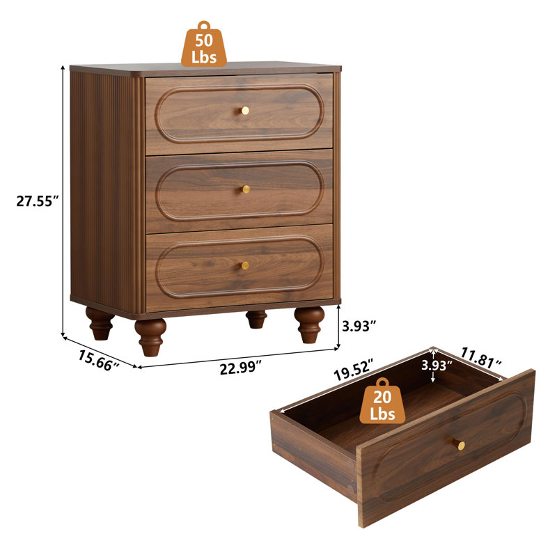 Doreatha 3-Drawer Fluted Nightstand, Walnut