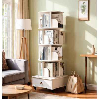 Bibliothèque rotative avec tiroir, bibliothèque d'angle à 360 degrés pour les petits espaces, étagère de rangement sur pied au sol, étagère en bois étroite pour la chambre à coucher, le salon