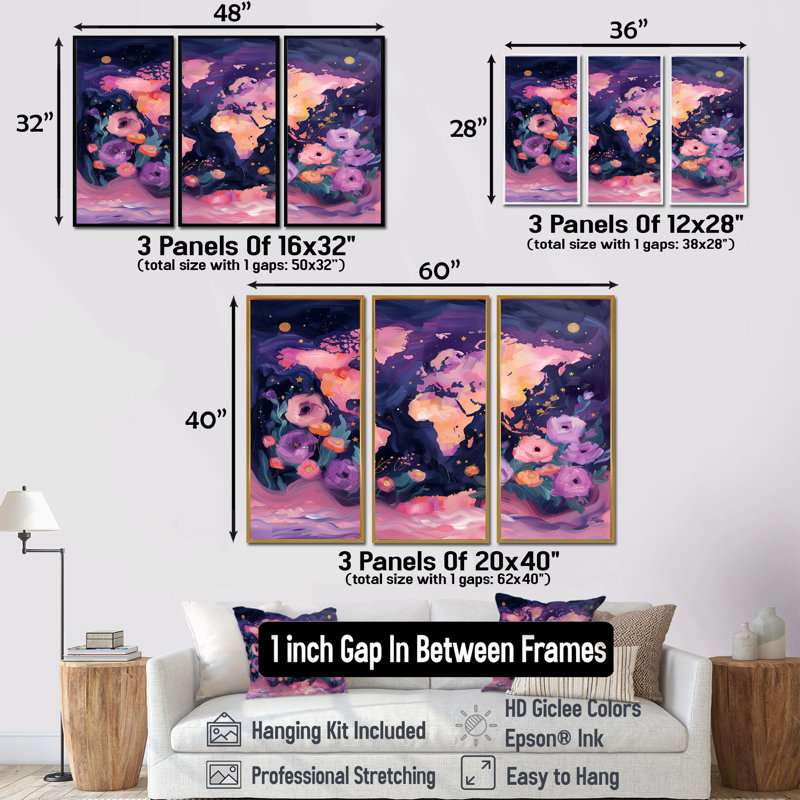 Carte mauve rose du monde Blooms II, Toile avec cadre flottant noir, H 12 po x l 28 po x P 1 po