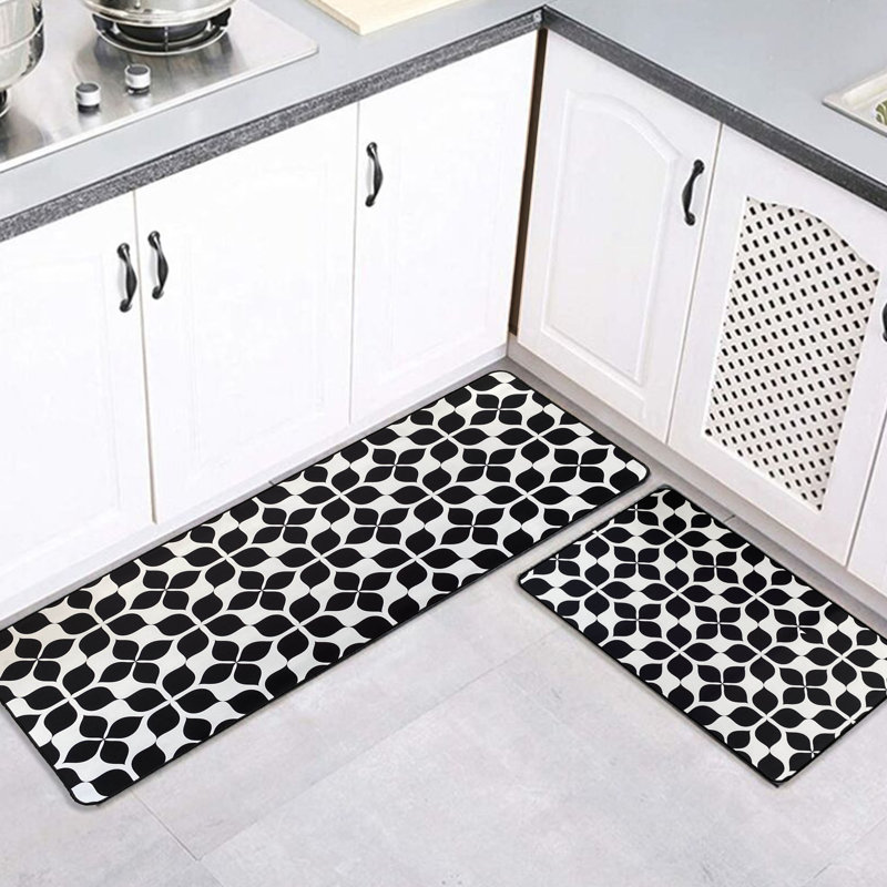 Martha Black and White Geometric Tile Design Kitchen Mat