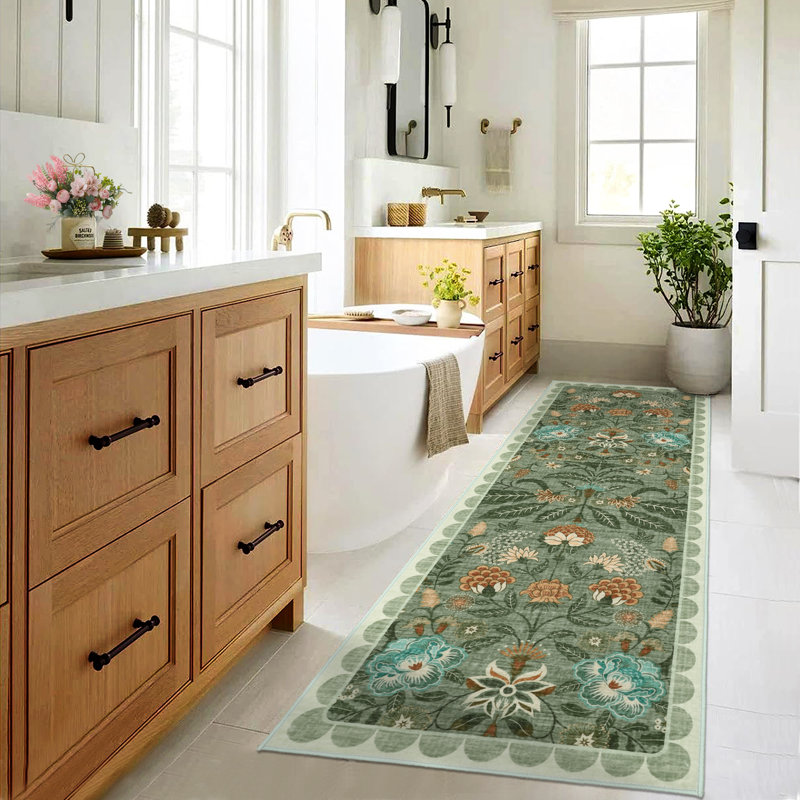 Tapis lavable à motif floral botanique pour salon, Vert, Runner 2' x 6'