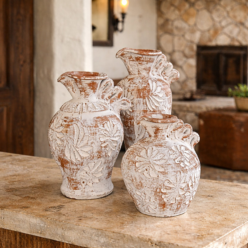 Fluted Handle Pot Set In Distressed White
