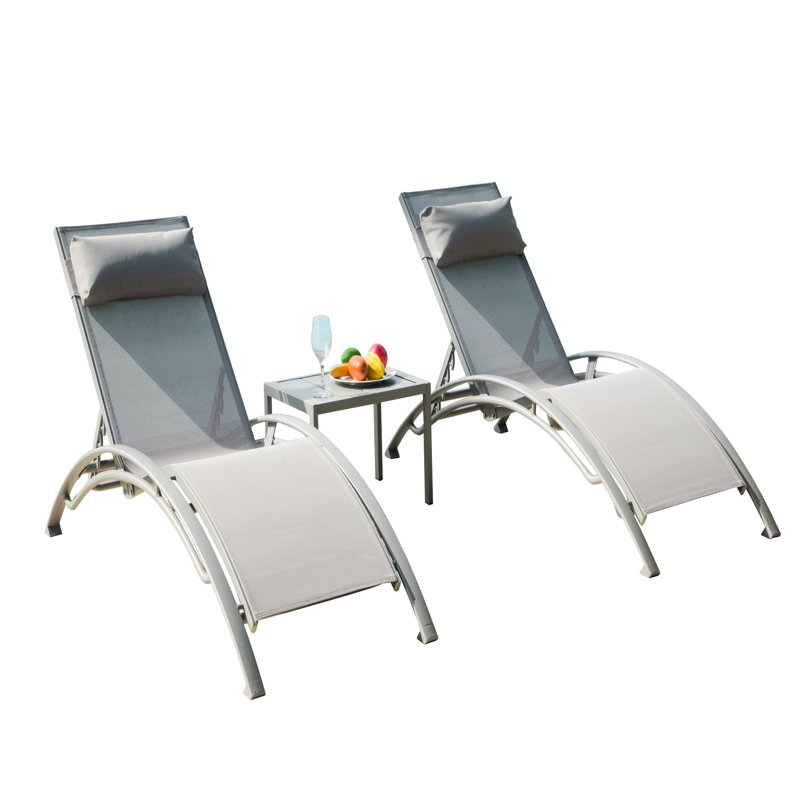 3 chaises longues d'extérieur - Chaises réglables en aluminium avec table d'appoint en métal pour terrasse, pelouse, bord de piscine, terrasse arrière