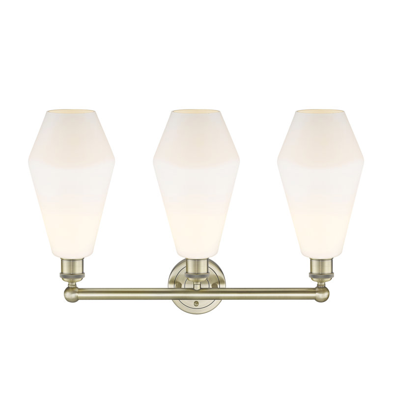 3 - Light Dimmable Vanity Light, Cased Matte White, Antique Brass