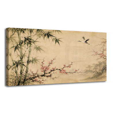 Canvas Wall Art plum blossom bamboo old antique paper Wall Decor for Living Room Bathroom Bedroom Office 20"H x 40"W Art Paintings, Ready to Hang