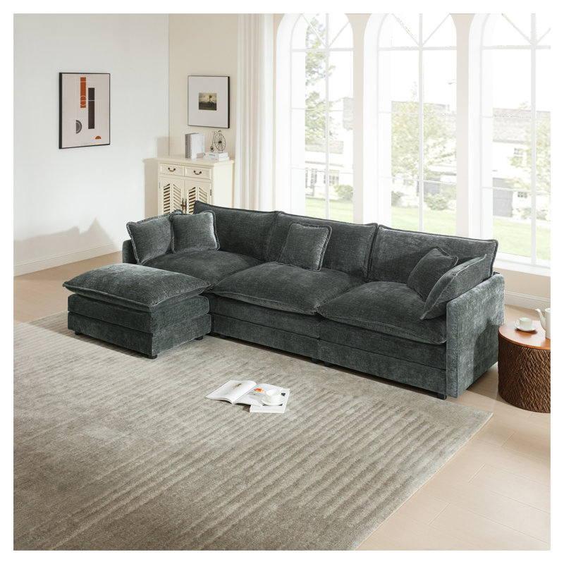 Canapé modulaire surdimensionné en L chenille surdimensionné gris avec repose-pieds réversible, Grey Chenille