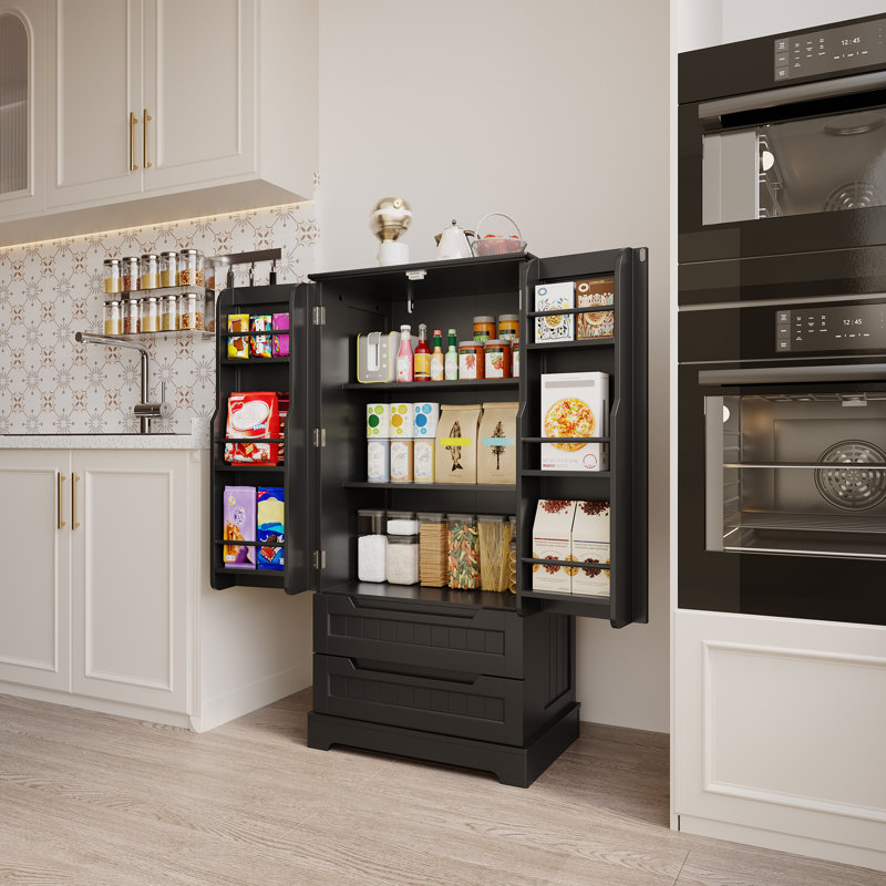 Bayview Elinna 63” H Kitchen Pantry with 2 Drawers, 3 Shelves, Handleless Design,, Black