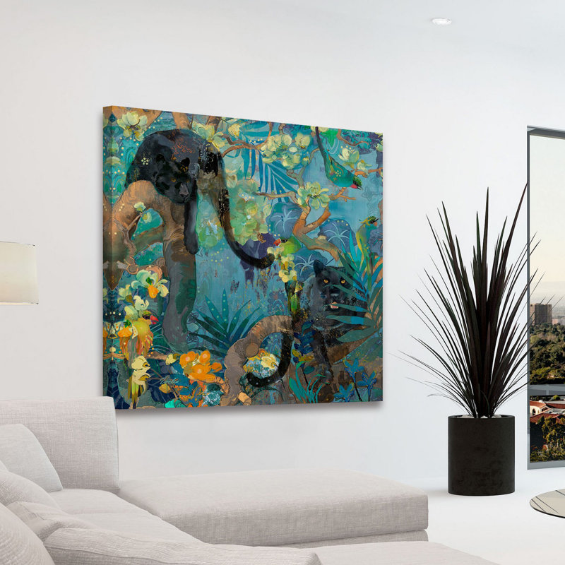 «Jaguar And Green Parrots» par Evelia, reproduction d'art sur toile tendue, H 24 po x l 24 po x P 1,5 po