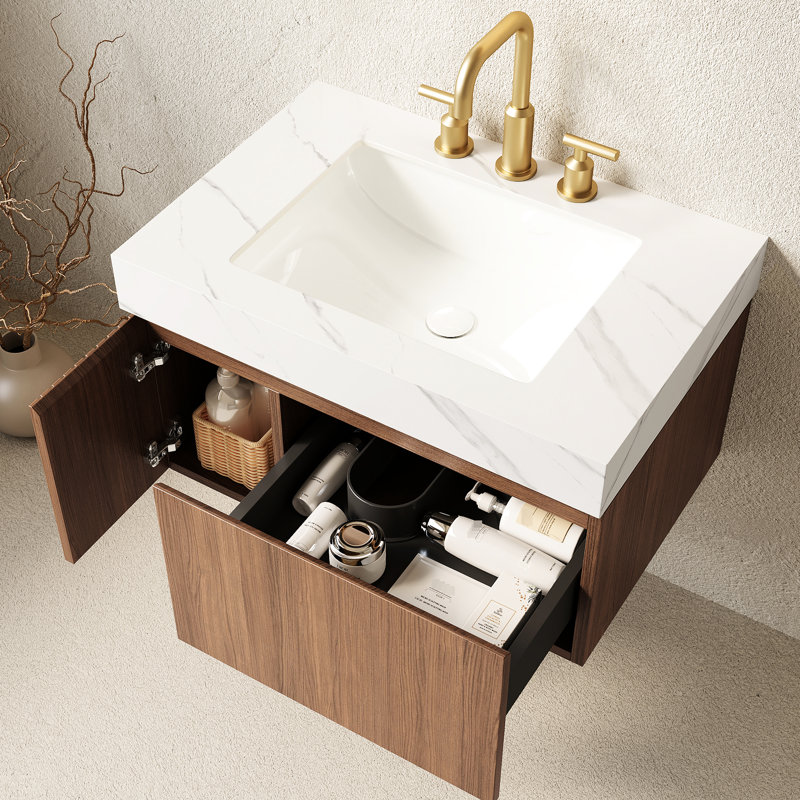 Wall Mounted With Stone Top, Brown Oak Carrara White, Brun, chêne, blanc de Carrare