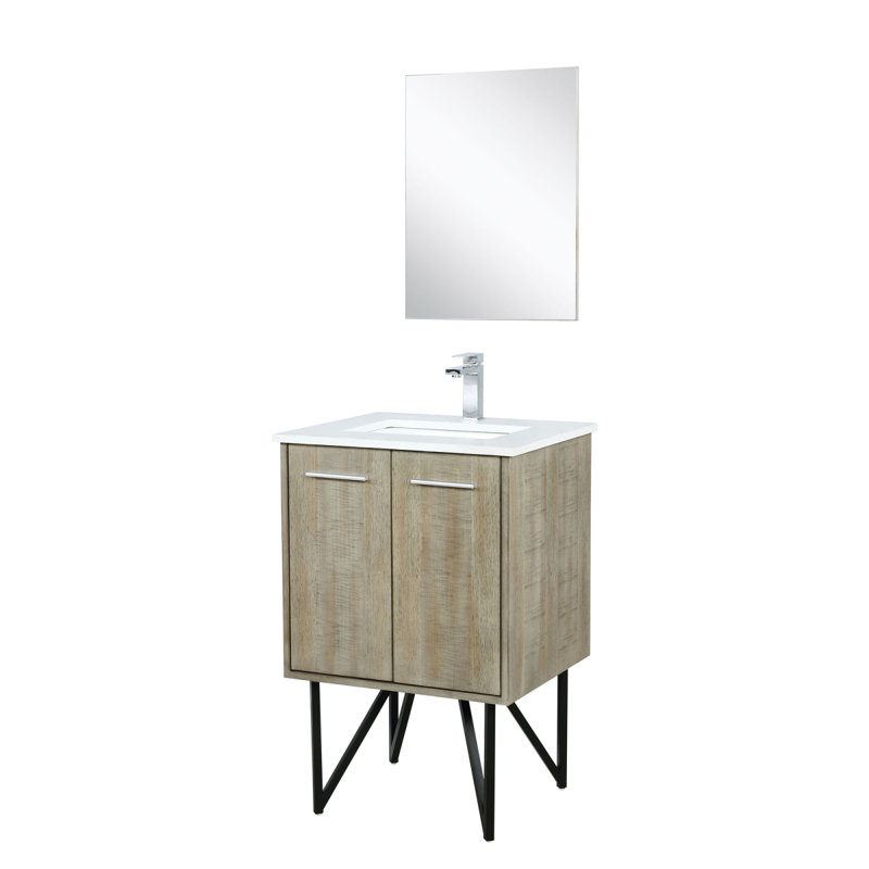 Ensemble de meuble-lavabo rustique en acacia l 24 po x P 20 po, comptoir en quartz blanc, robinet chromé et miroir 18 po