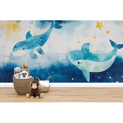 Papier peint aquarelle baleines et étoiles, ciel étoilé - Adorables animaux de l'océan - Papier peint de chambre d'enfant sous l'eau