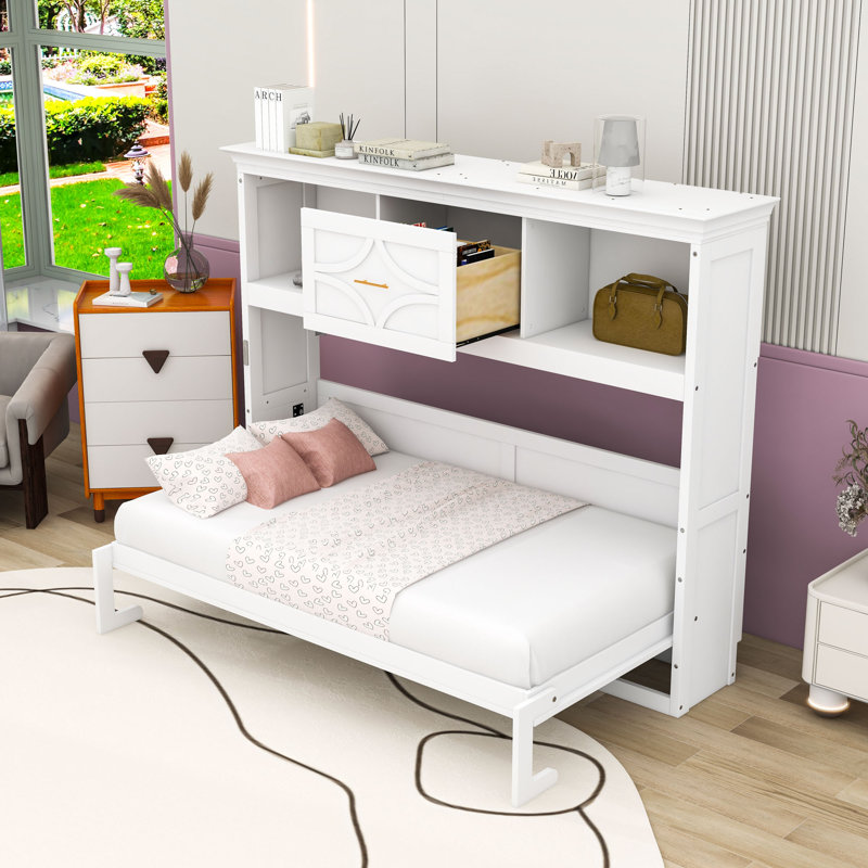 Lit escamotable simple en bois avec station de charge intégrée, tiroir de rangement et tablettes, Blanc