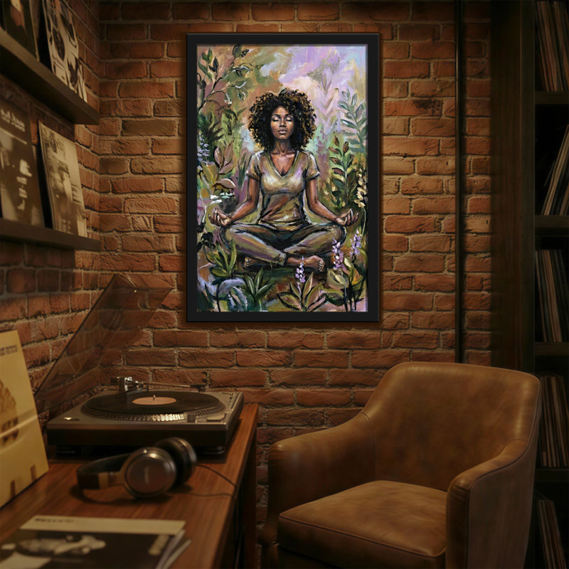 Femme abstraite méditant dans la nature avec des fleurs, H 18 po x l 12 po
