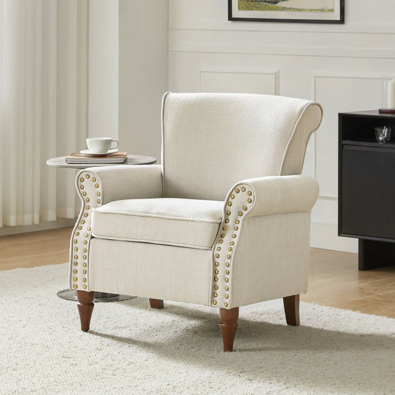 Zellig Traditional Wooden Upholstered Accent Chair, Ivory