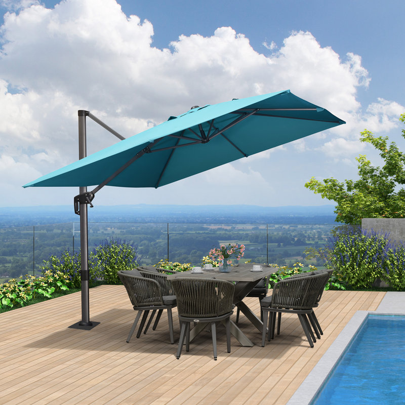 Parasol rectangulaire en porte-à-faux bleu 9 pi x 11 pi avec base en tôle d'acier Rhim, Bleu
