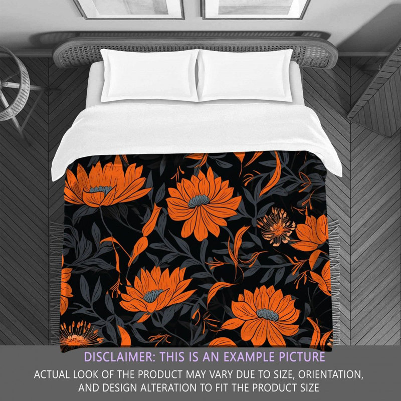 Machine Printed Comforter, Twin Extra Long Comforter, Black/Orange Floral