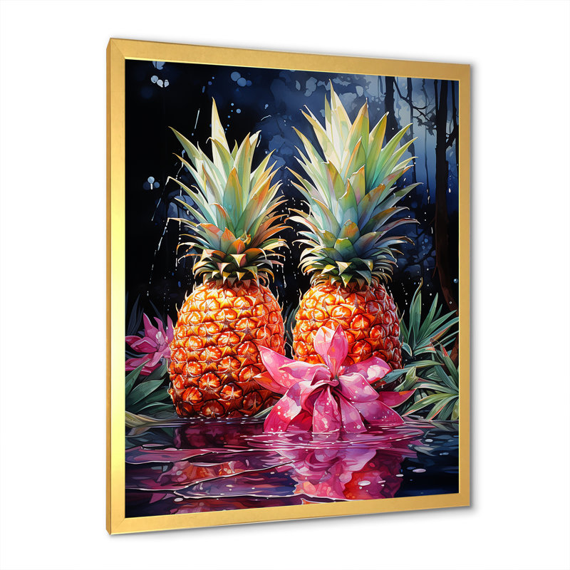 Nectar néon ananas sur toile, Encadrement doré, H 44 po x l 34 po x P 1,5 po