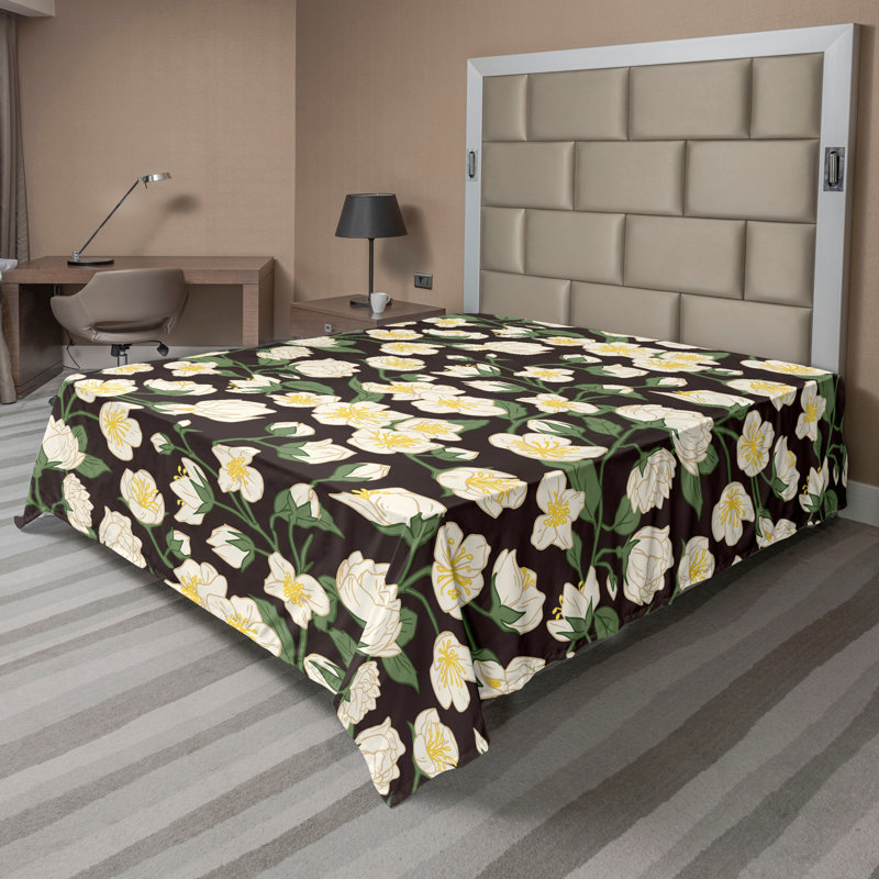 Drap plat à motif floral bohème Ambesonne, Drap plat de taille double, Cacao foncé, vert réséda / floral