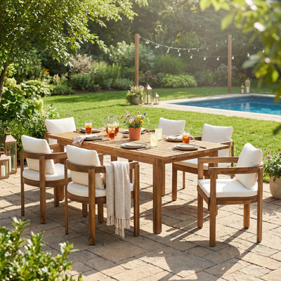 Ensemble de salle à manger d'extérieur en bois d'acacia 7 pièces avec coussins crème, 7 grandes chaises et 1 grande table, ensemble de mobilier de salle à manger pour la pelouse, la cour, la terrasse du jardin, le bord de la piscine