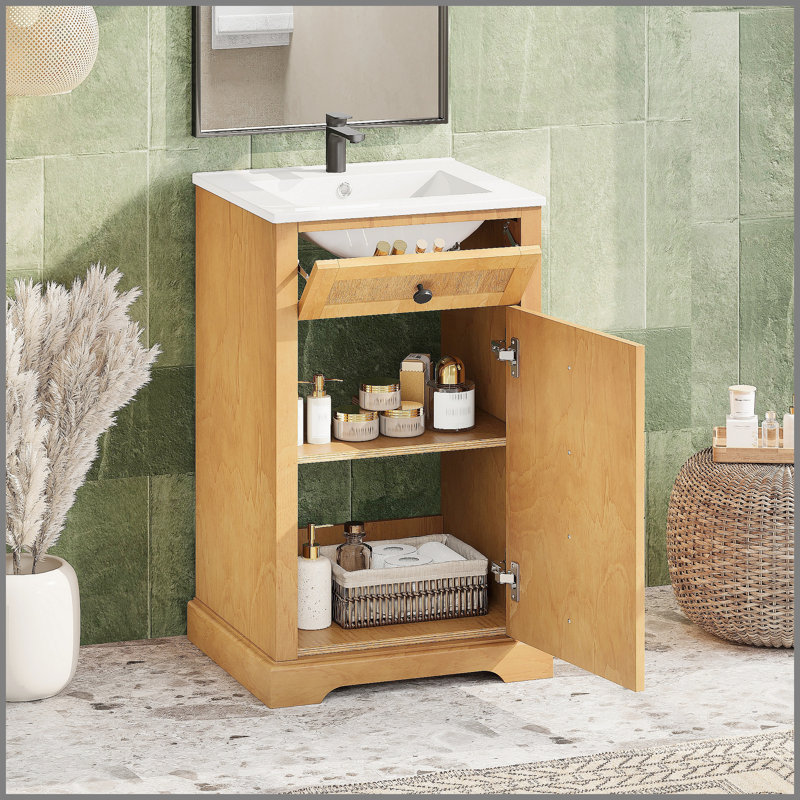 Meuble-lavabo de 20 pouces avec lavabo en céramique intégré et porte à fermeture douce, structure en bois massif pour les salles de bain compactes