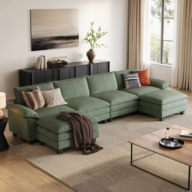 Colbey 157'' Oversized Corduroy Cloud Couch U Shaped Couch, Green