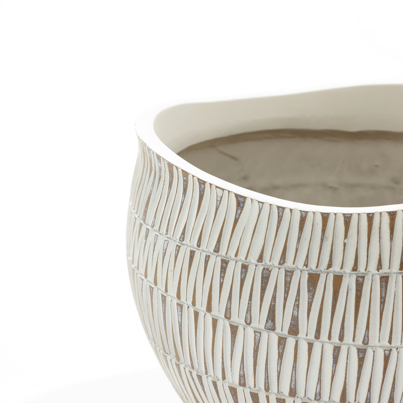 White and Gold V-Pattern Polyresin Round Planter, 9.6" H x 12" W x 12" D
