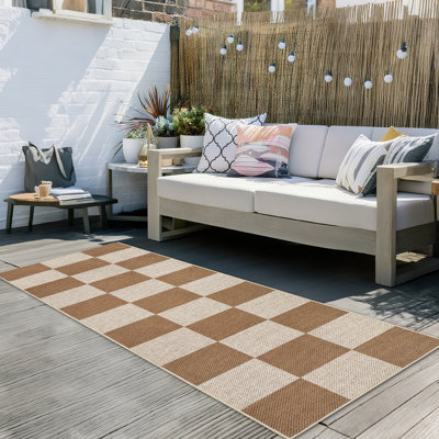 Tapis moderne en jute à carreaux - lavable, antidérapant, tapis géométrique pour le salon, la chambre à coucher, la salle à manger, le vestibule - intérieur extérieur, résistant aux marques - brun