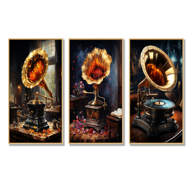 «Gold Phonographs Elegance I», ensemble de 3 reproductions d'art sur toile, Cadre flottant brun, H 28 po x l 36 po