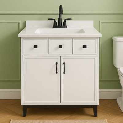 Meuble-lavabo autoportant de 30 po avec lavabo en céramique et armoire de rangement en blanc