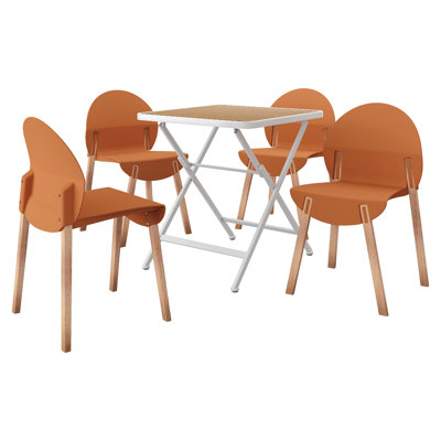 Ensemble de 4 chaises orange tropical - pieds en bois de chêne rouge et siège en PP avec table carrée pliante intérieure / extérieure moderne - plateau de table en PP avec pieds en métal (blanc, kaki)