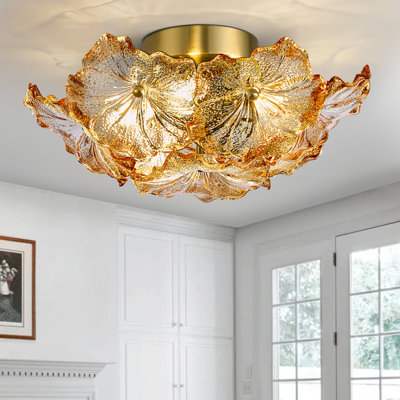 14" Amber Floral Glass Flush Mount ceiling light Vintage Gold Fixtures Textured Flower Clear Shade Polished Gold Plated Canopy Art Deco for Foyer Porch Hallway Dining Room Kitchen Bedroom 5-Lights