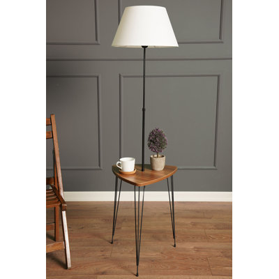 Élégante lampe sur pied scandinave avec corps en métal et table en bois, hauteur 57,9 po x 14,6 po | Douille E27 (40 W maximum) | Design élégant blanc et noir, parfait pour le salon, la chambre à coucher et le bureau