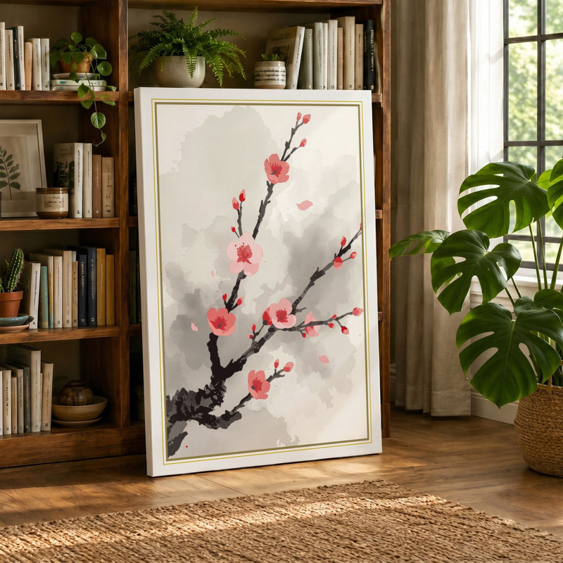 Moonlit Cherry Blossom Japandi - Wrapped Canvas, 18x12 - 45.7 x 30.5 cm, Black Border