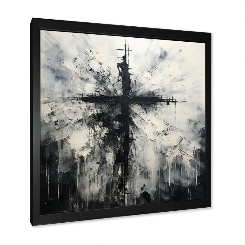 Minimalism Black And White Religious Cross - Christianity Wall Decor, 16" H x 16" W, Black Picture Framed