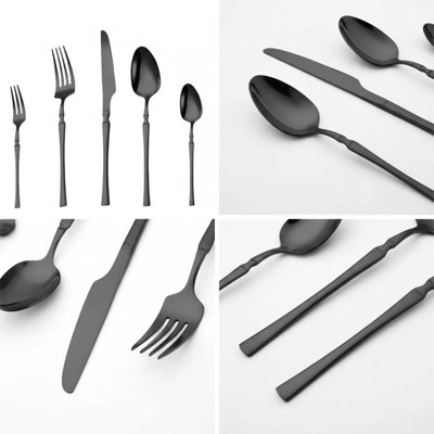 40 Piece Black Flatware Set for 8, Matte Stainless Steel Silverware Set with Bamboo Handle, Gift Package Dishwasher Safe Cutlery Set for Wedding Housewarming (40 Pcs)