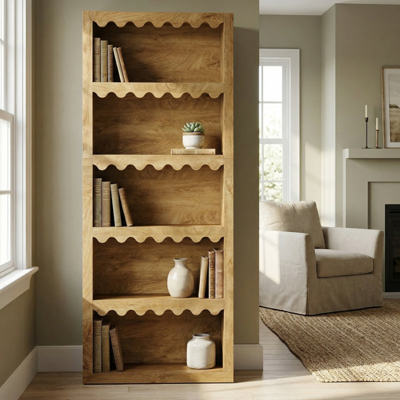 5-Tier White Bookcase, Tall Bookshelf With Scalloped Edges For Living Room, Brown