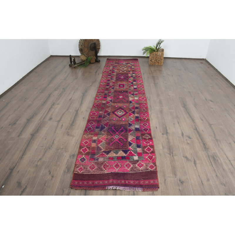 29.9x137.8 Inch Bohemian Patchwork Wool Runner, Red Rug