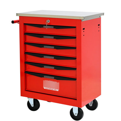 6 Drawers, Multifunctional Tool Cart, Stainless Steel Roof, Lockable, Removable, Universal Wheels, Swivel, Locking, 15Kg Loading Capacity Drawer Slides Cold Rolled Steel, Key Protection