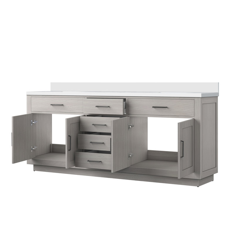 Ensemble de meuble-lavabo double 80 ", Chêne gris, Marbre de culture blanc