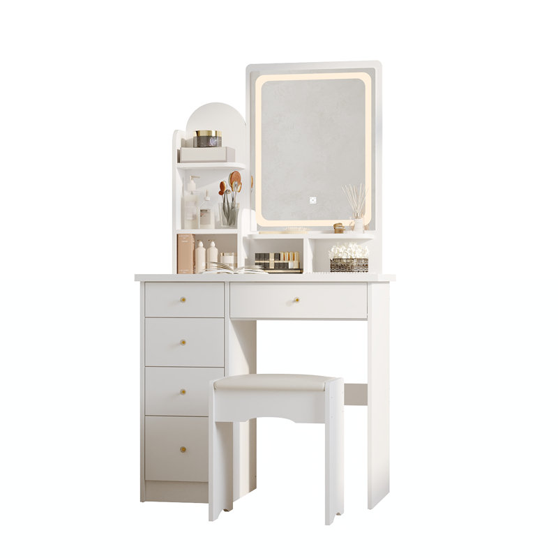 Dressing Table & Stool Set with 3 Colours LED Lights Mirror, Makeup Table with Ottoman & 5 Drawers, Large Storage Space Vanity Desk for Bedroom Furniture (White/LED)