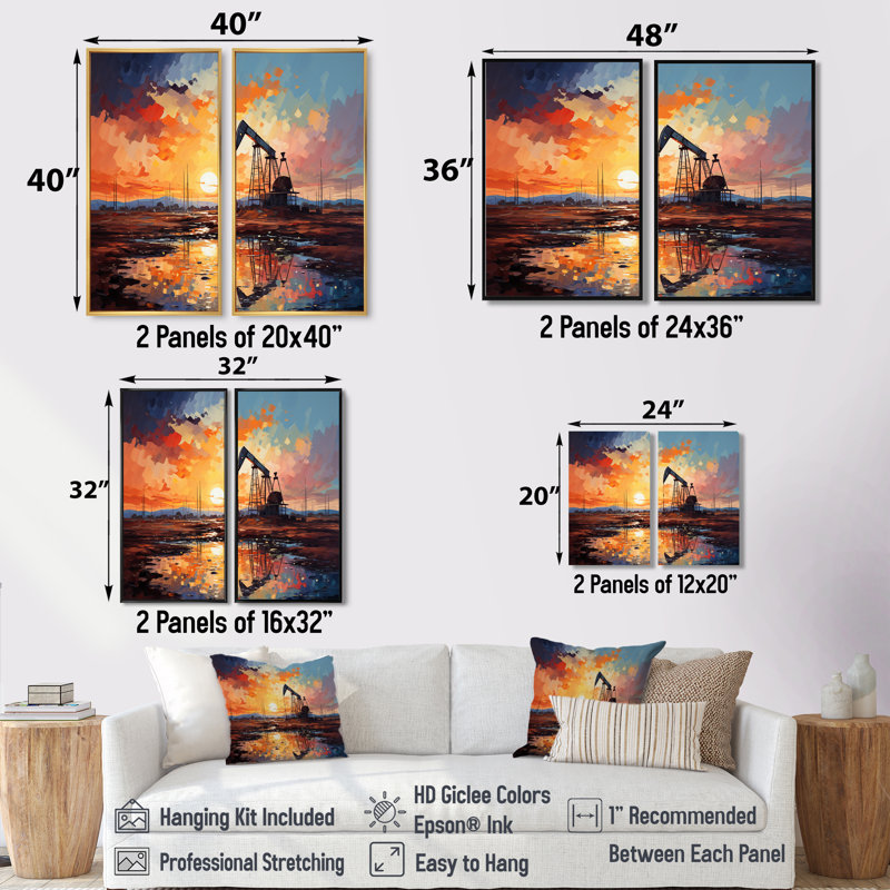 «Orange Oil Rigs Pumpjack In Texas II», art mural sur toile, 40" H x 40" W, Brown, Impression encadrée flottante