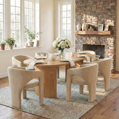 7 Piece Modern Dining Set With 79" Oak Oval Pedestal Table & 6 Sculptural Wide-Seat Arm Chairs
