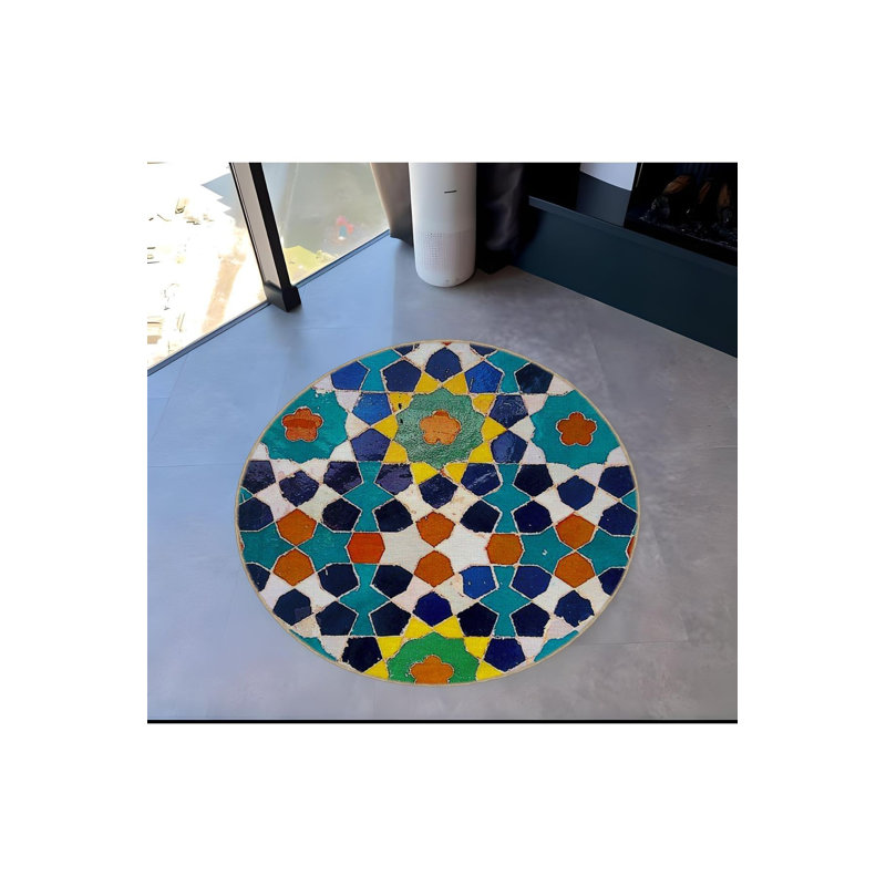 Tapis rond rond multicolore lavable à la machine, Sous-tapis rond 4 pi 11 po inclus