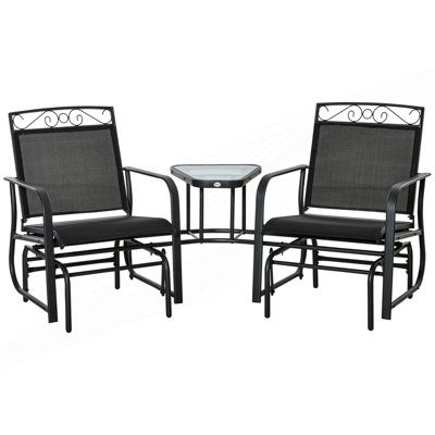 Outdoor Glider Chairs With Coffee Table, Patio 2-Seat Rocking Chair Swing With Breathable Sling For Backyard, Garden And Porch, Black